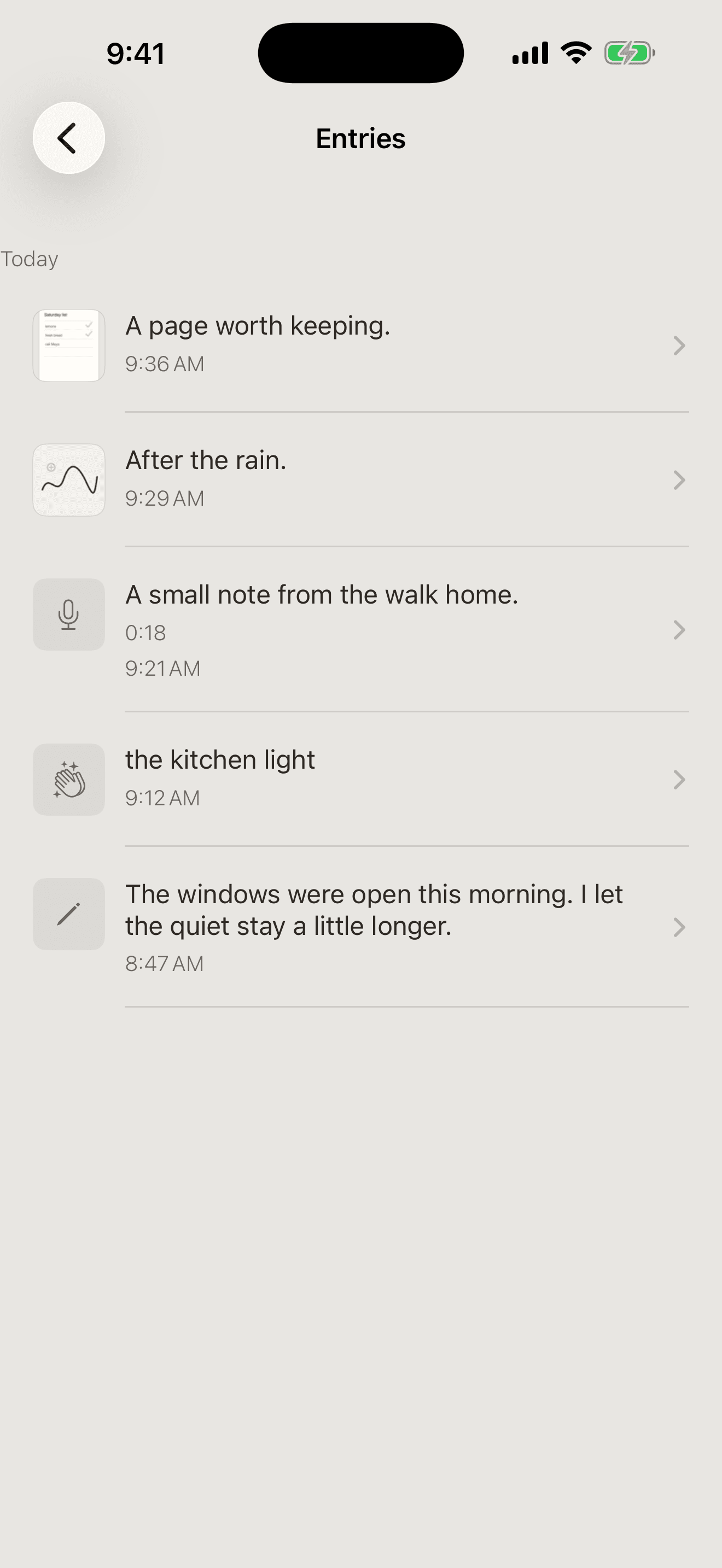 Selff Entries archive with fictional writing, voice, gratitude, drawing, and image entries.
