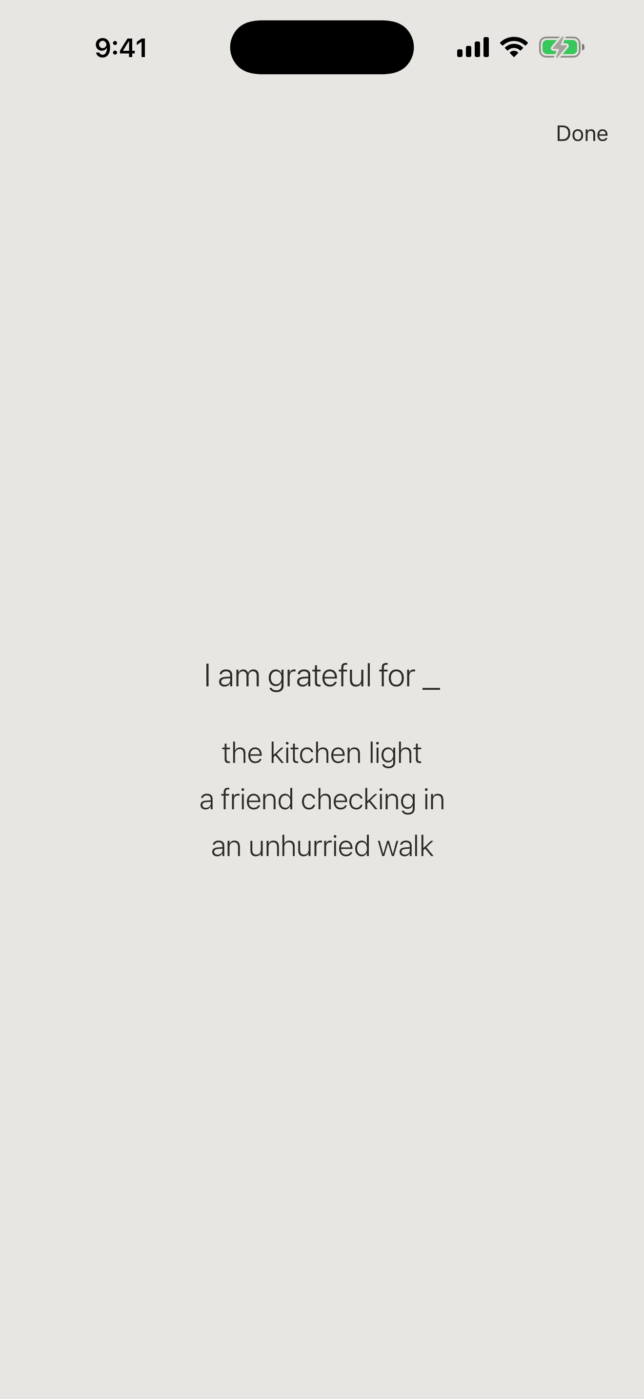 Selff gratitude entry with three fictional notes: the kitchen light, a friend checking in, and an unhurried walk.