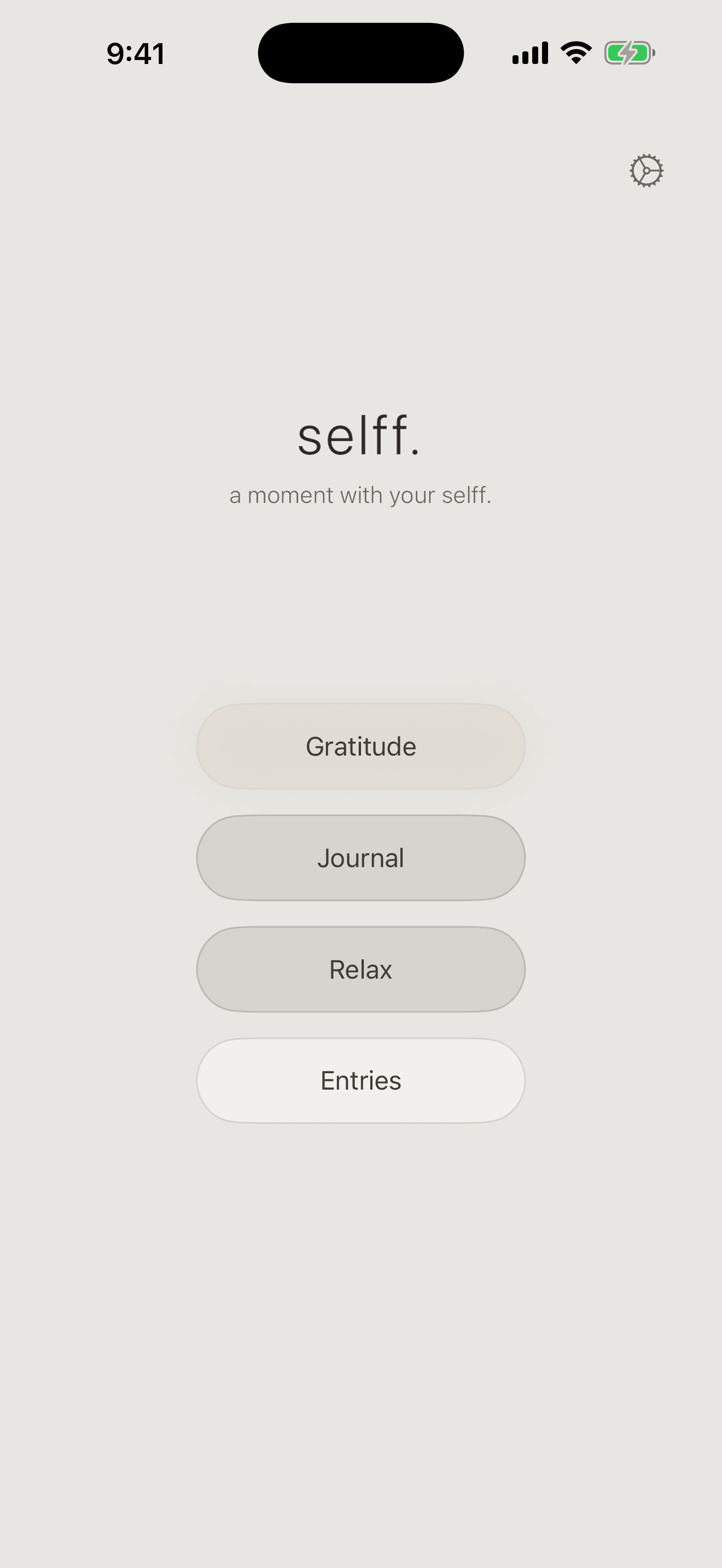 Selff home screen in Stone theme with Gratitude, Journal, Relax, and Entries.