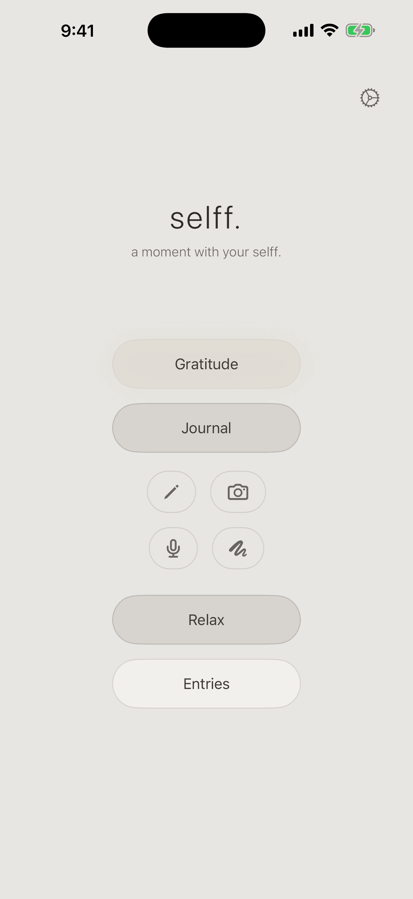 Selff home screen with Journal expanded to show write, photo, voice, and drawing modes.